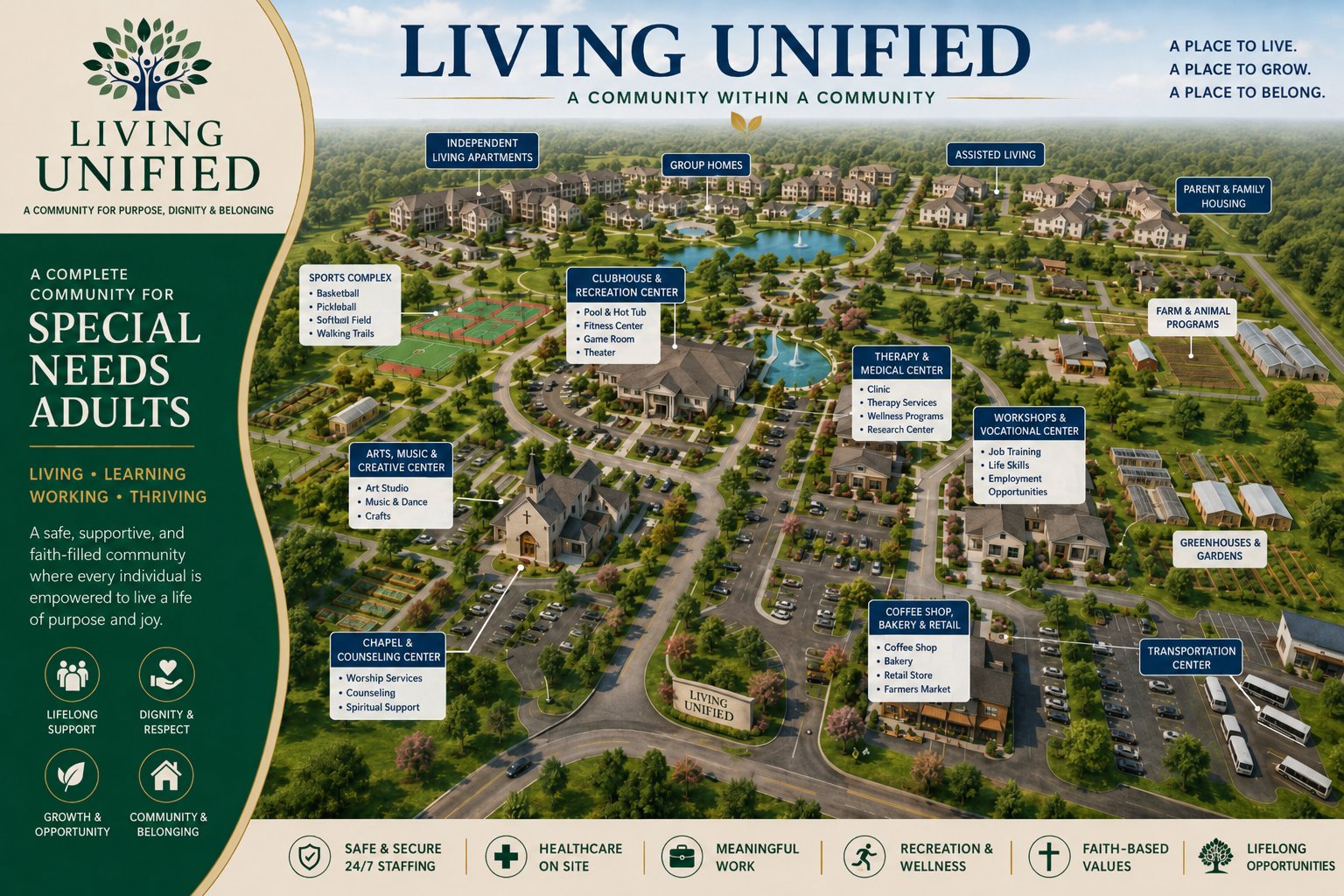 Aerial rendering of the planned Living Unified campus, showing independent living apartments, group homes, assisted living, a clubhouse and recreation center, therapy and medical center, workshops and vocational center, chapel, farm and gardens, and a coffee shop and retail area arranged around a central pond.